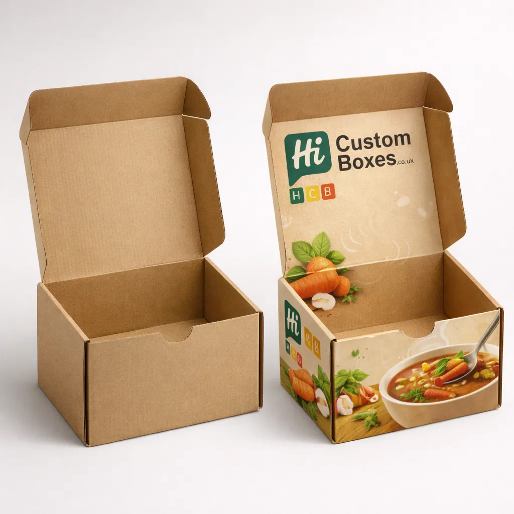 Two brown cardboard mailing boxes with hinged lids, one blank and one printed with soup imagery class=